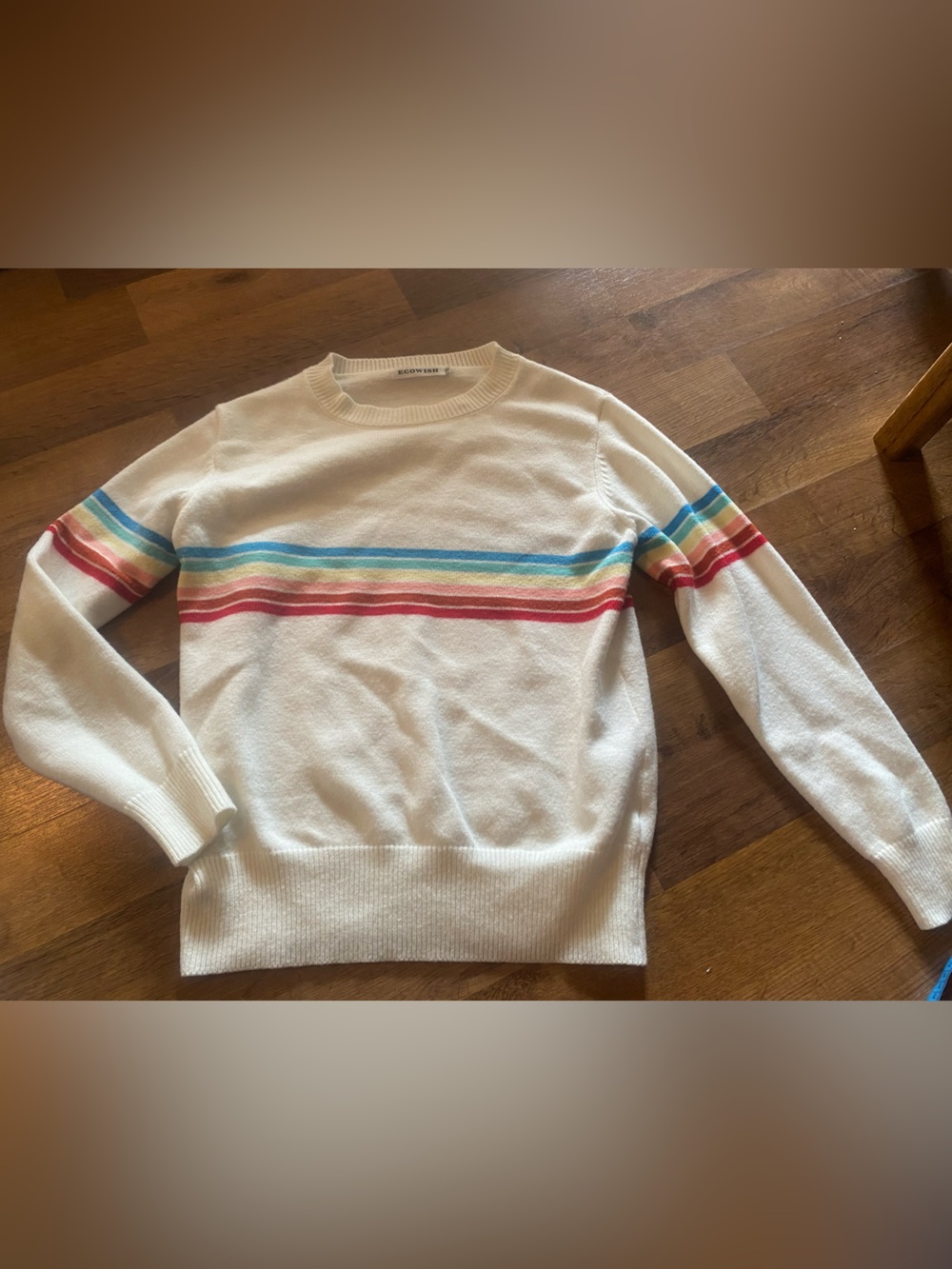 White Rainbow Stripe Crewneck Sweater Vintage 80s Collegiate Retro